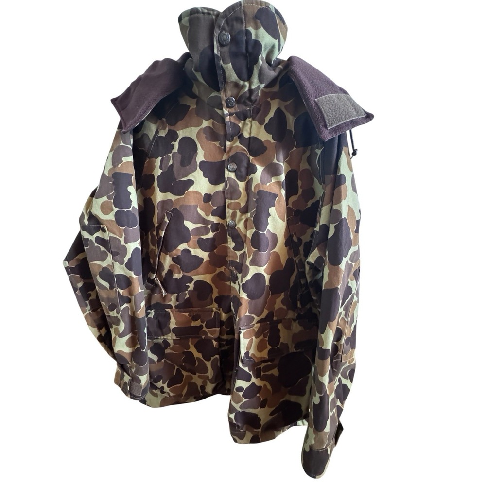 Vintage Field & Stream Men's Medium  Duck Hunting Brown Tan Camo Hooded Jacket